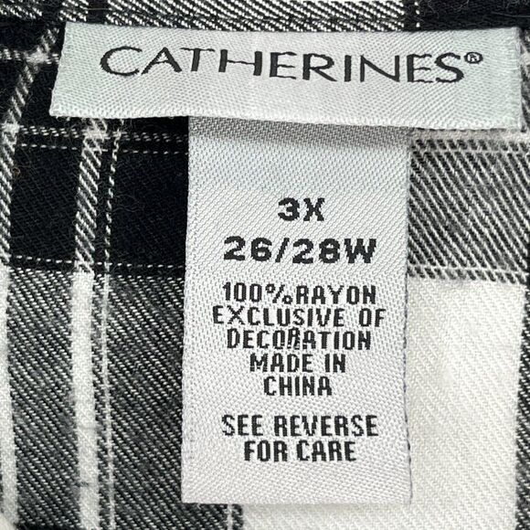 Catherines Plus Size 3X Plaid Button Down Shirt Black White Lace Trim Roll Tab S - Picture 4 of 10